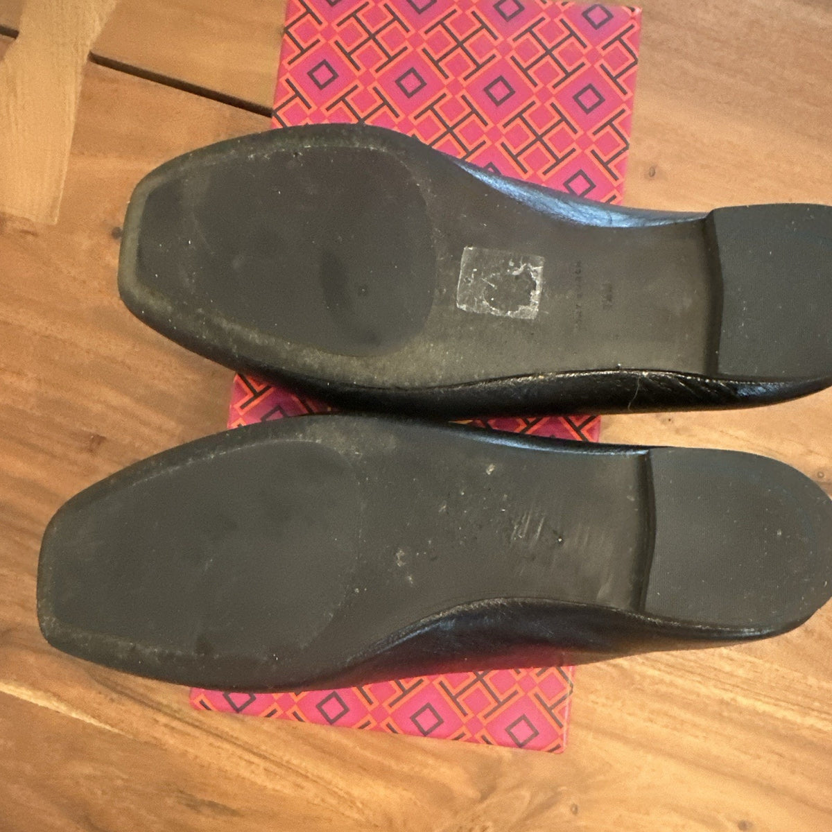 Tory Burch Black Leather Ballet Flats Logo Square Toe Slip-On Women’s 7.5 M