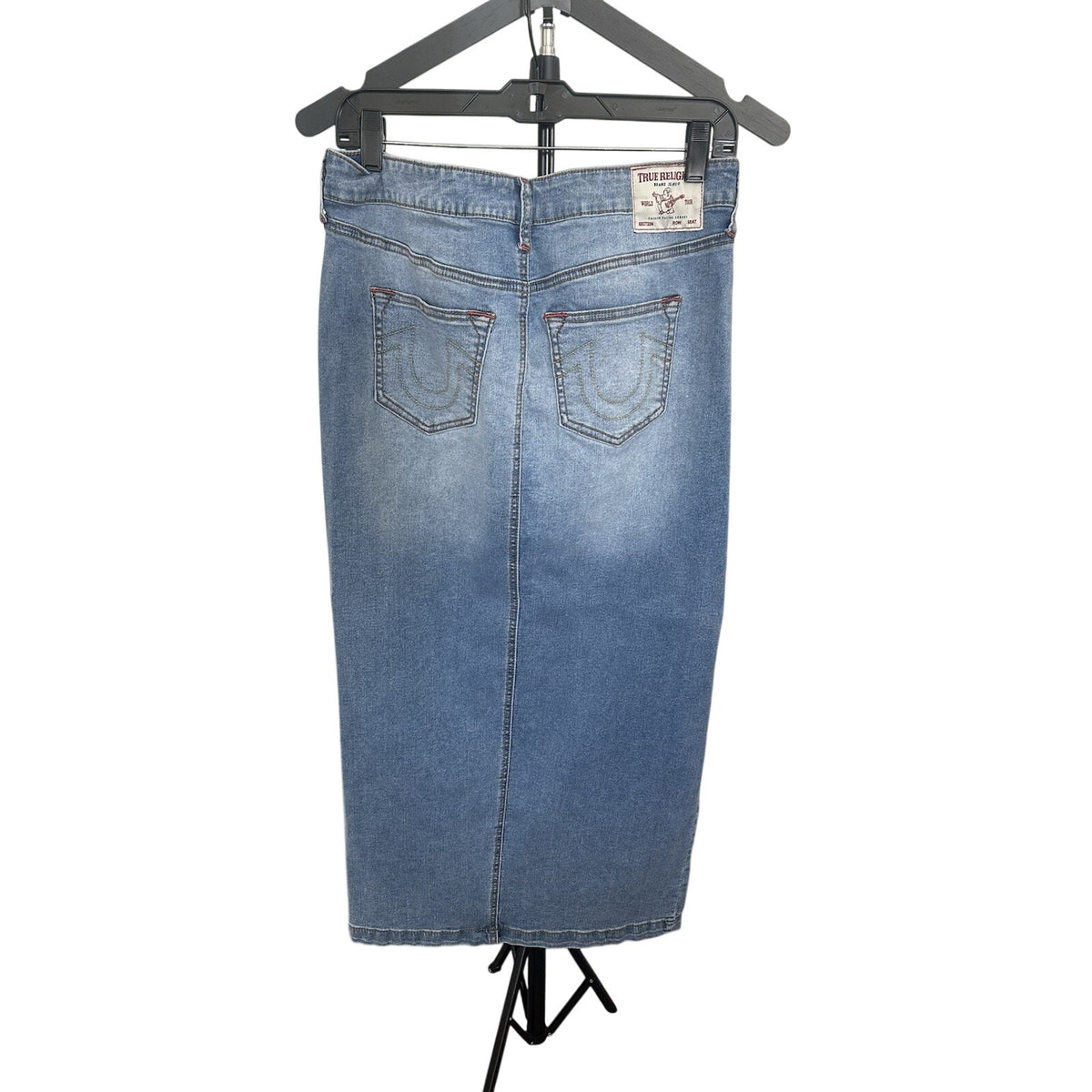 True Religion Denim Maxi Skirt Womens 29 Blue Jean Front Slit Y2K Horseshoe