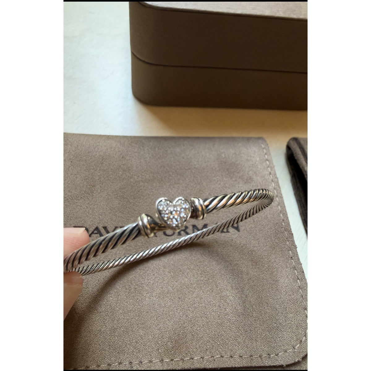 David Yurman Sterling Silver Cable Heart Bracelet Pavé Diamonds Size Small