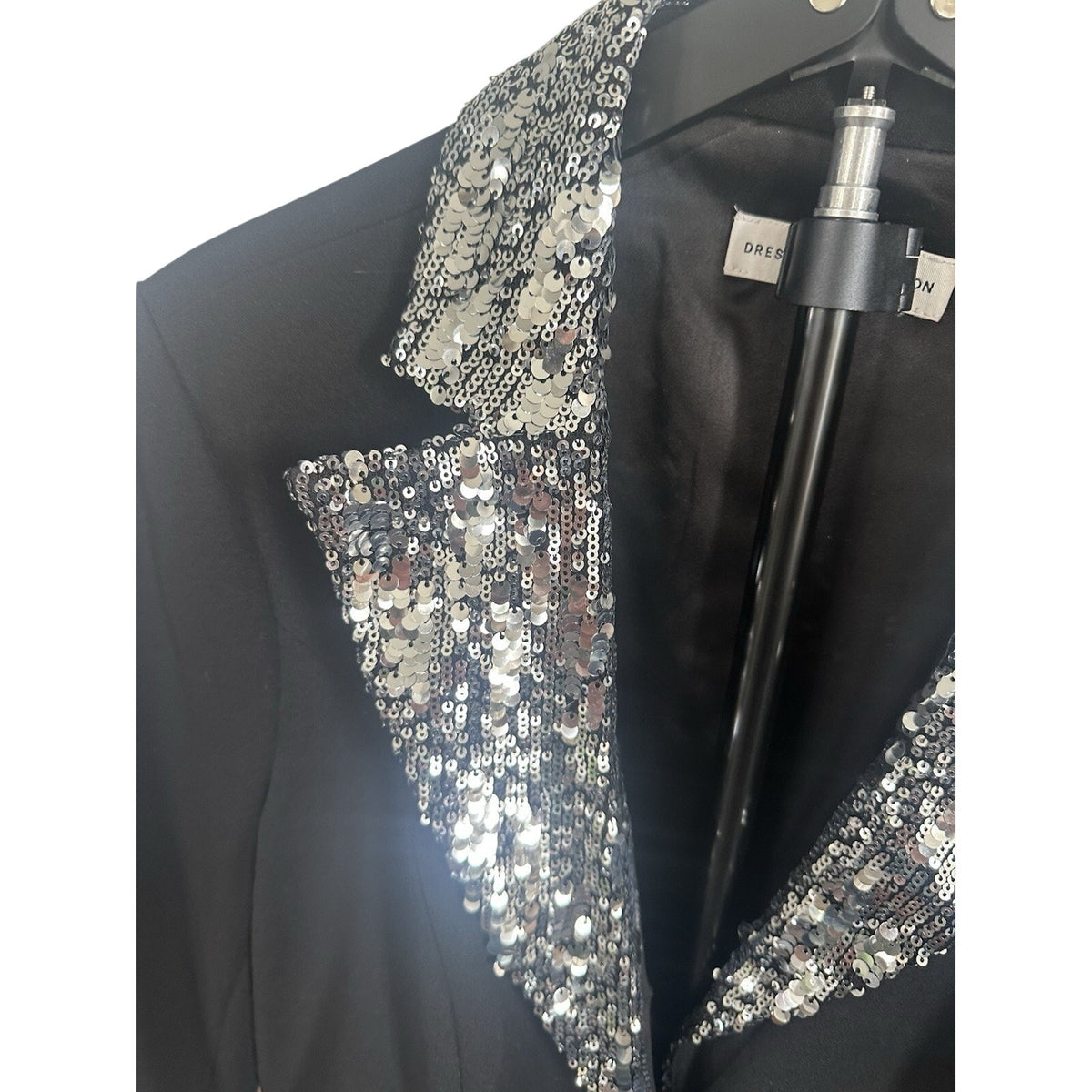 Dress the Population Women's Black Blazer Dress Silver Sequin Lapels Button L