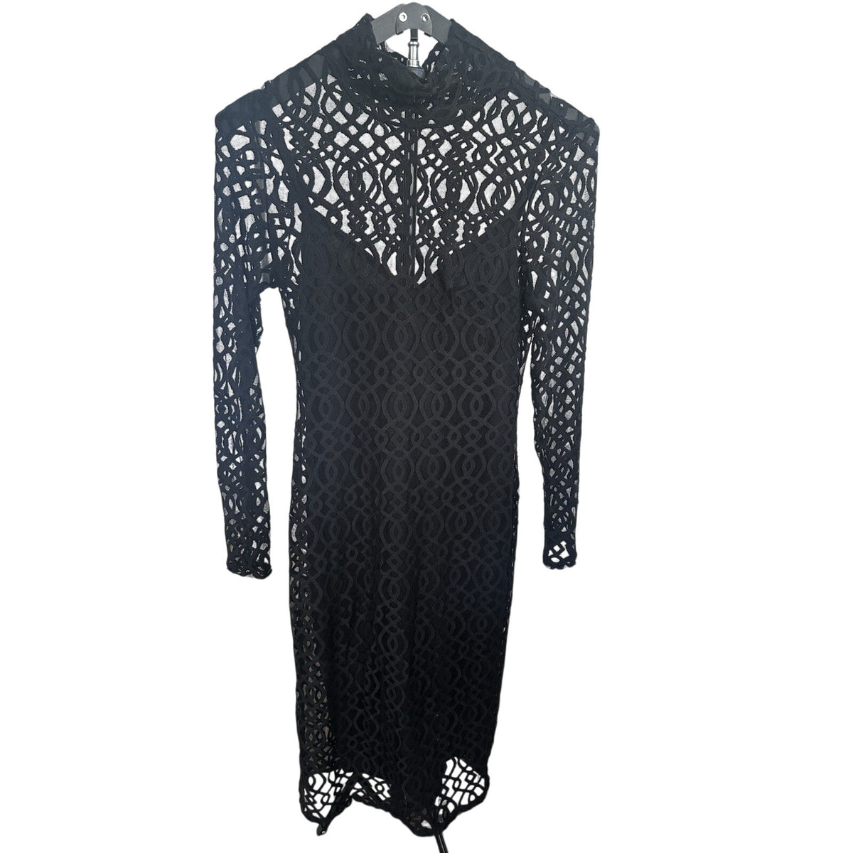 Rachel Rachel Roy Black Lace Geometric High Neck Long Sleeve Midi Sheath Dress M
