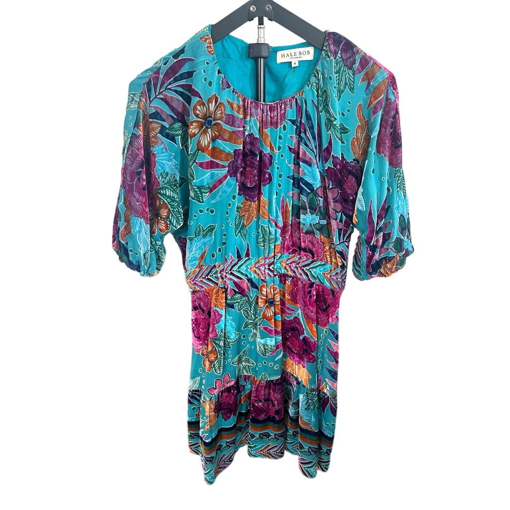 Hale Bob Turquoise Multicolor Floral Velvet Silk Scoop Neck Maxi Dress M