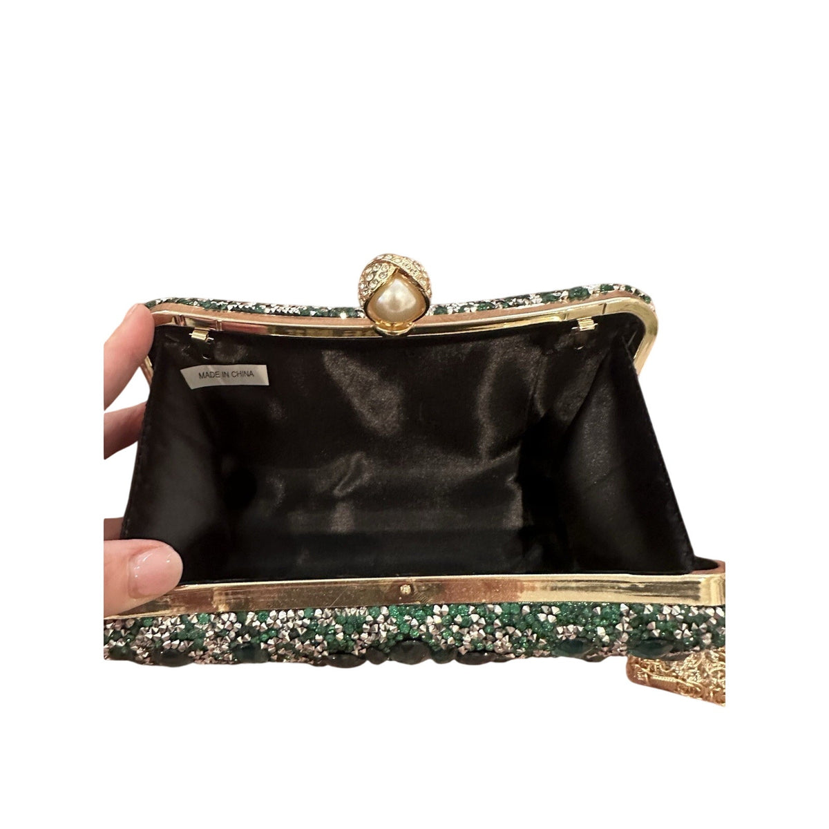 Green Floral Crystal Rhinestone Clutch w/ Detachable Gold Chain Crossbody Strap