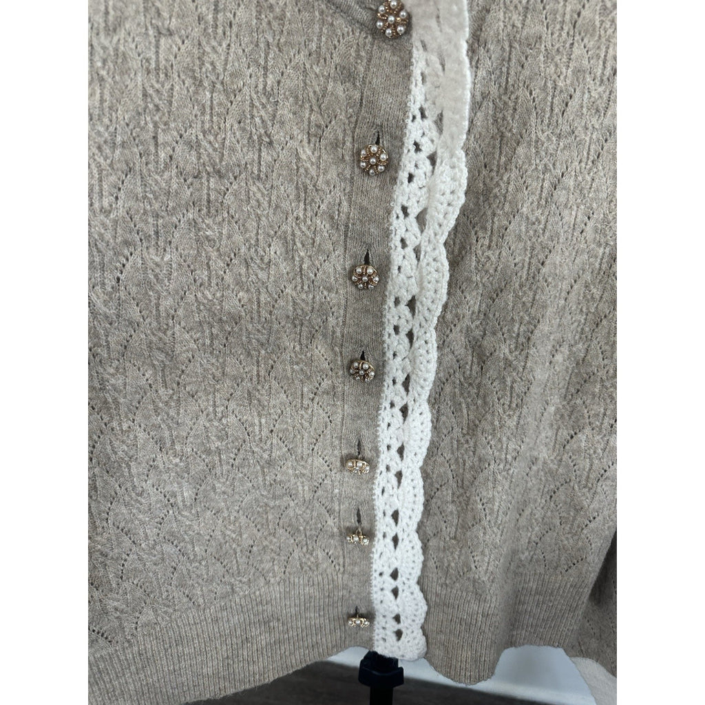 heartloom Womens Knit Cardigan Sweater V-Neck Button Crochet Trim Beige L