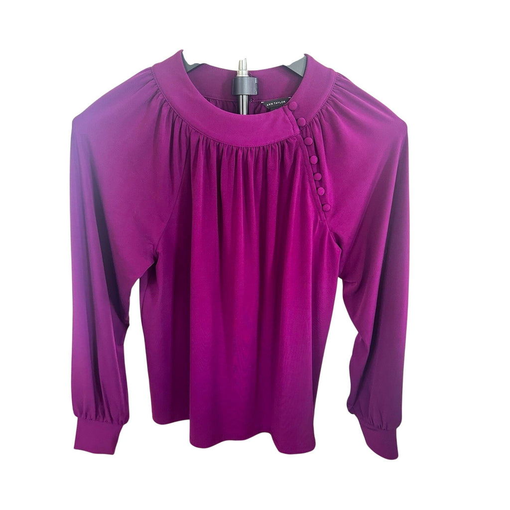 Ann Taylor Long Sleeve Solid Purple Blouse Button Accent SP Petites