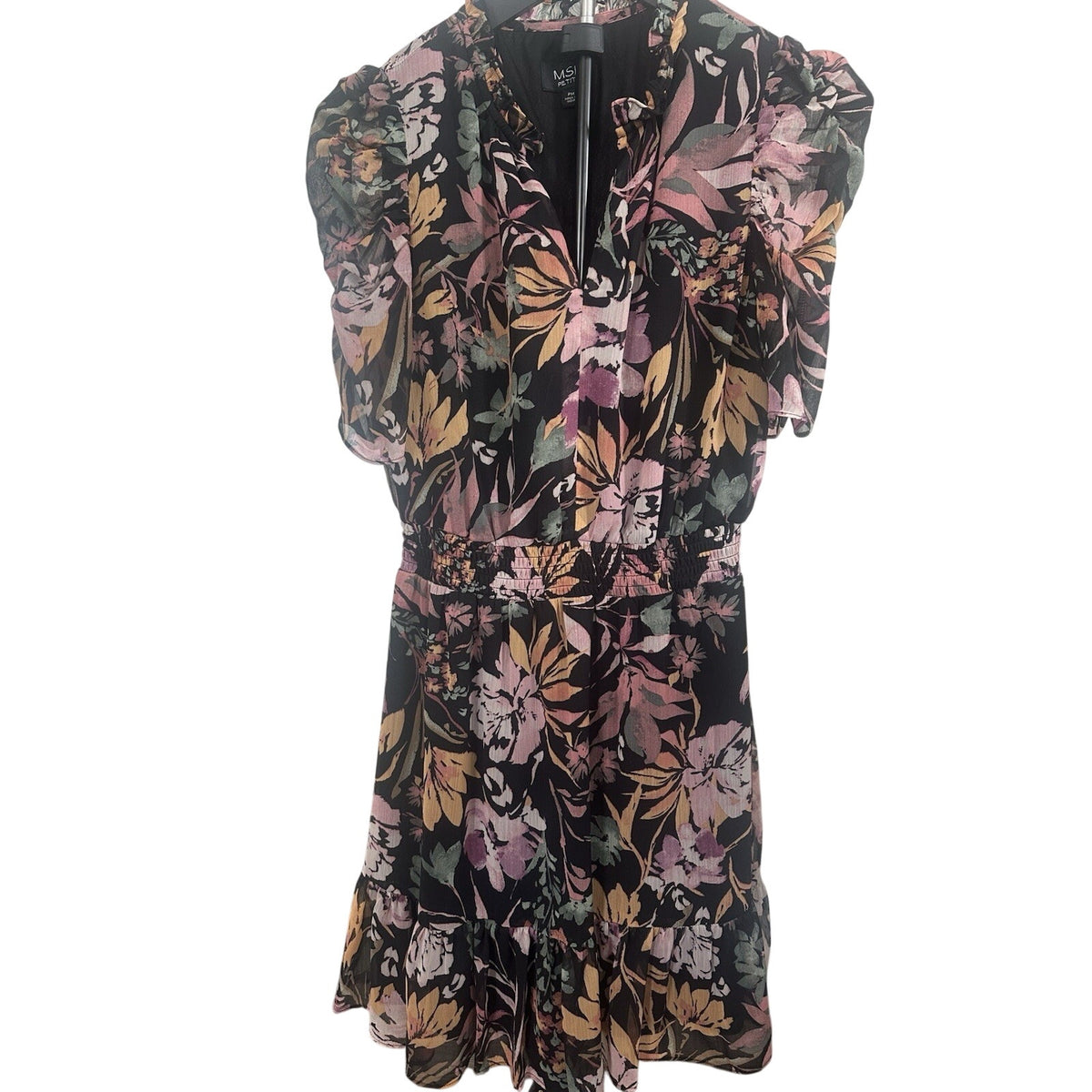 MSK Petite PM Petites Floral V-Neck Puff Short Sleeve Midi Dress Black