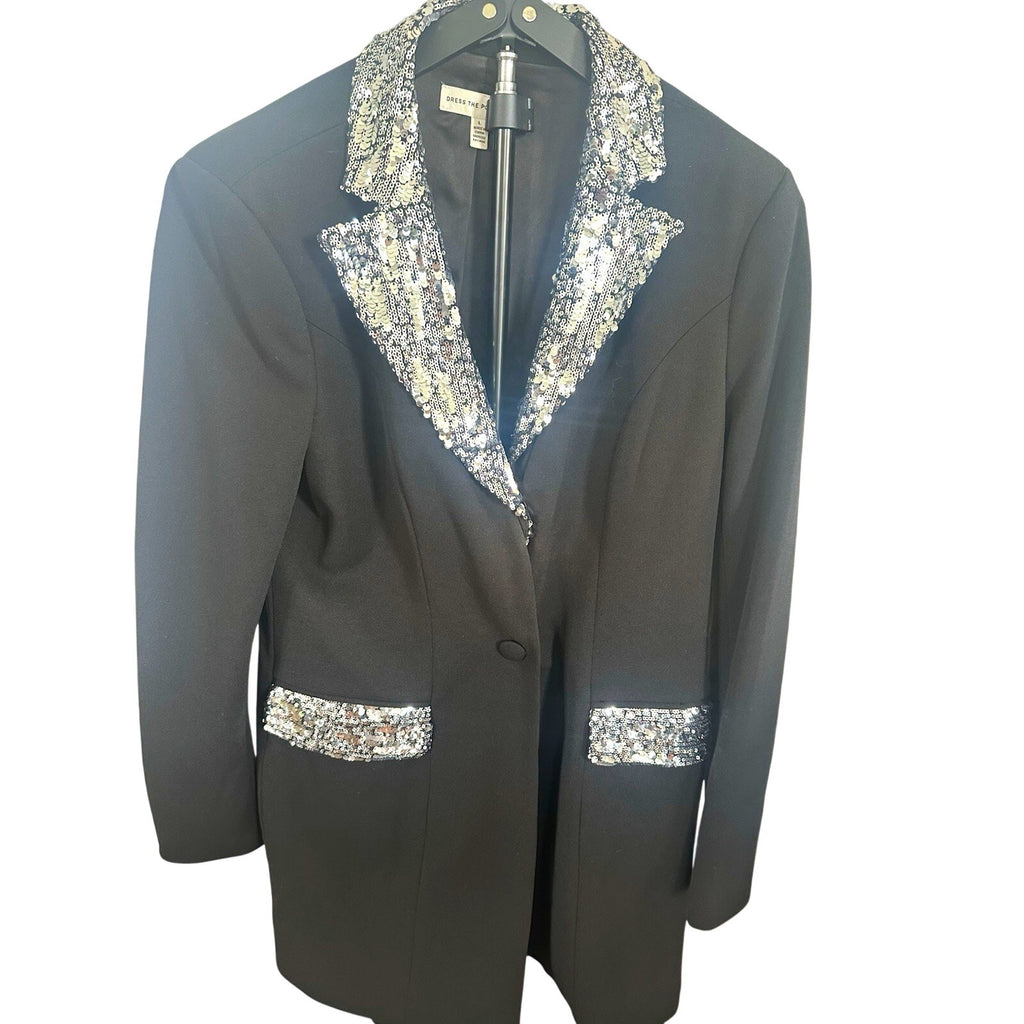 Dress the Population Women's Black Blazer Dress Silver Sequin Lapels Button L