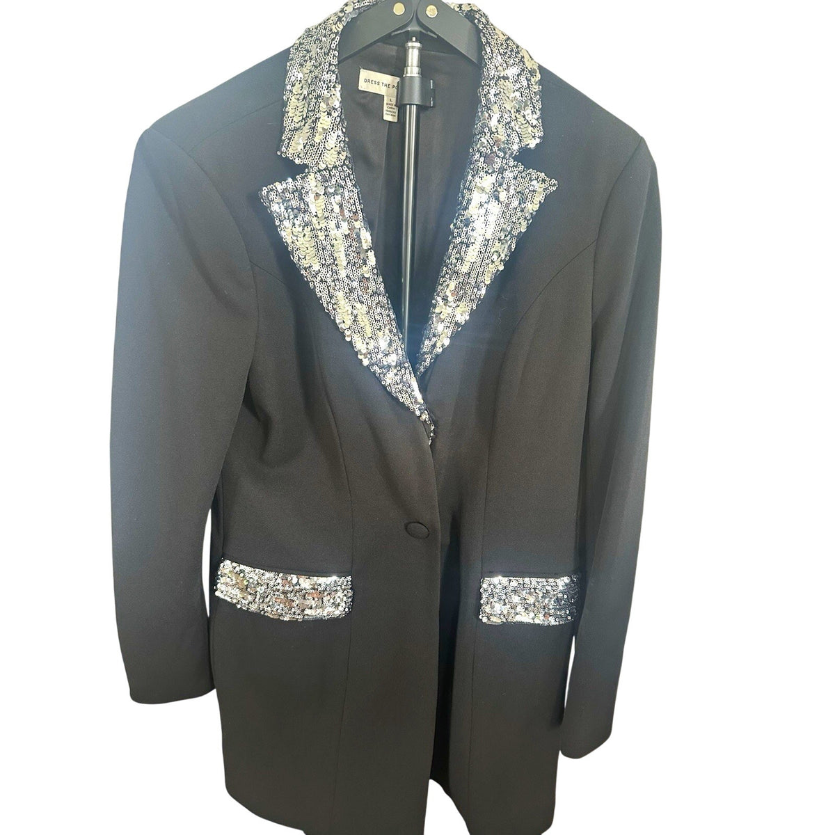 Dress the Population Women's Black Blazer Dress Silver Sequin Lapels Button L