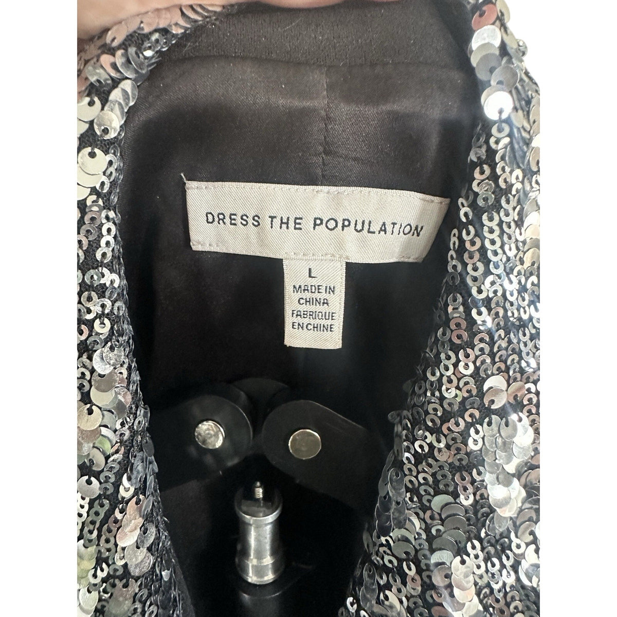 Dress the Population Women's Black Blazer Dress Silver Sequin Lapels Button L