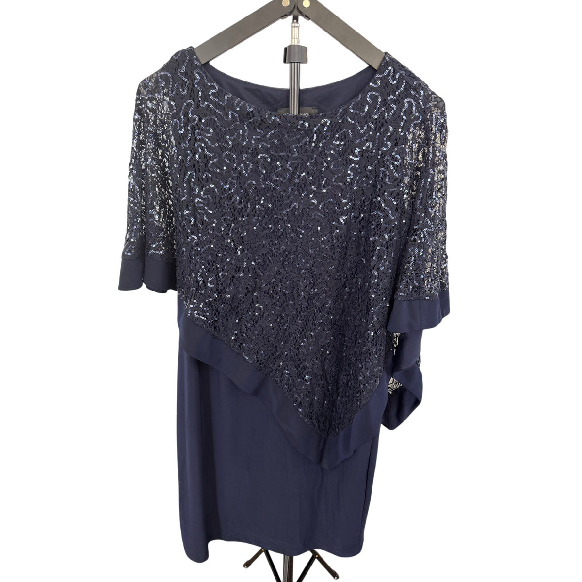 R&M Richards Navy Blue Sequin Lace Overlay Dress Size 12 Formal Cocktail