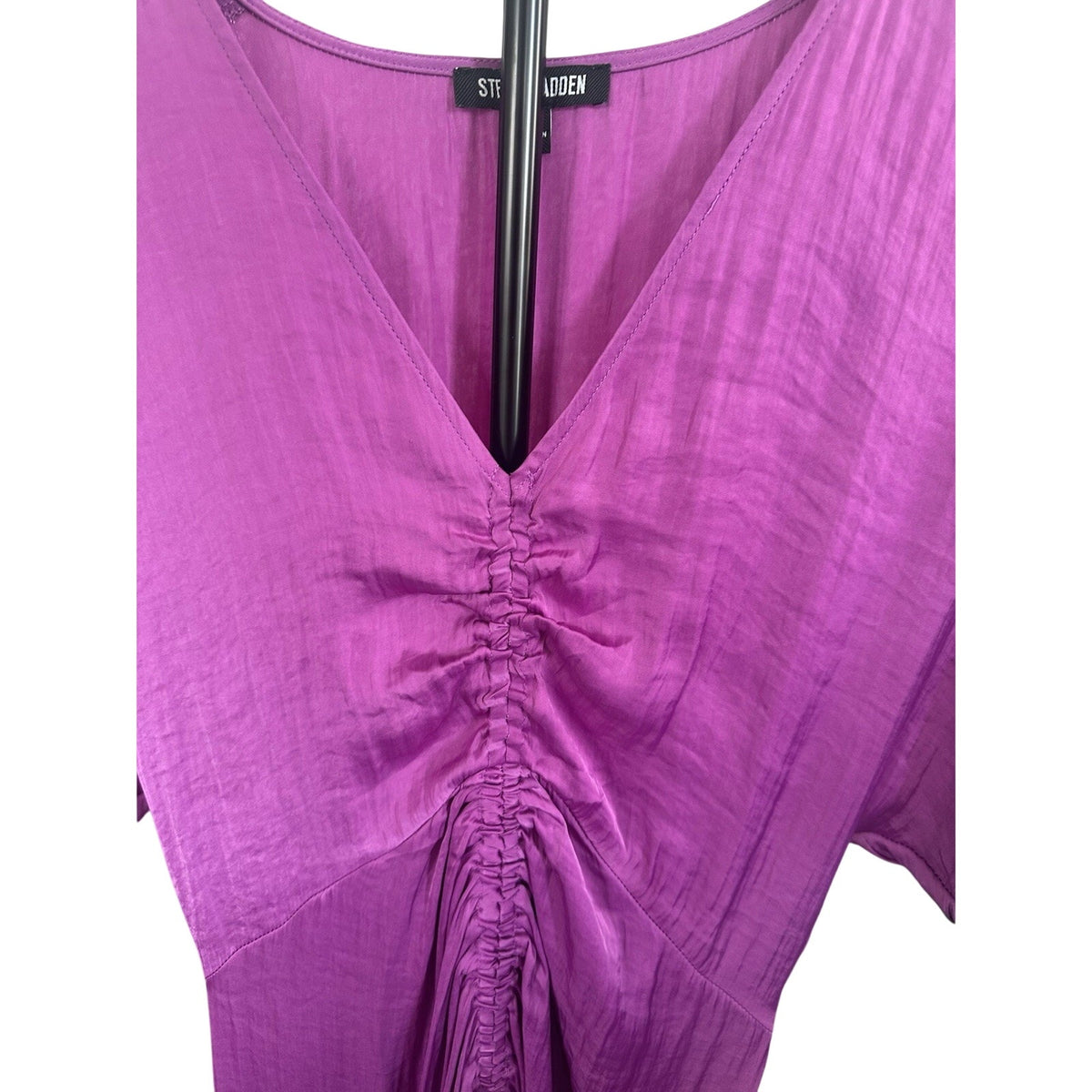 Steve Madden Purple Solid Ruched V-Neck Short Sleeve Lightweight Maxi Dress M