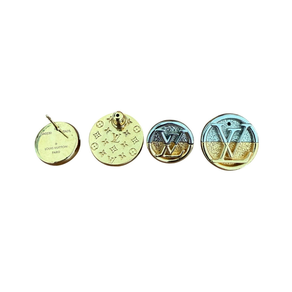 Louis Vuitton Two-Tone LV Logo Round Stud Earrings Gold Silver w/ Box Pouch