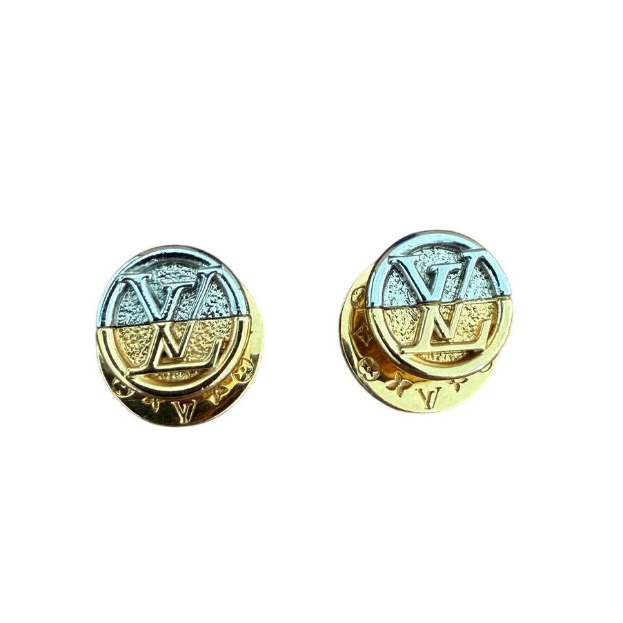 Louis Vuitton Two-Tone LV Logo Round Stud Earrings Gold Silver w/ Box Pouch