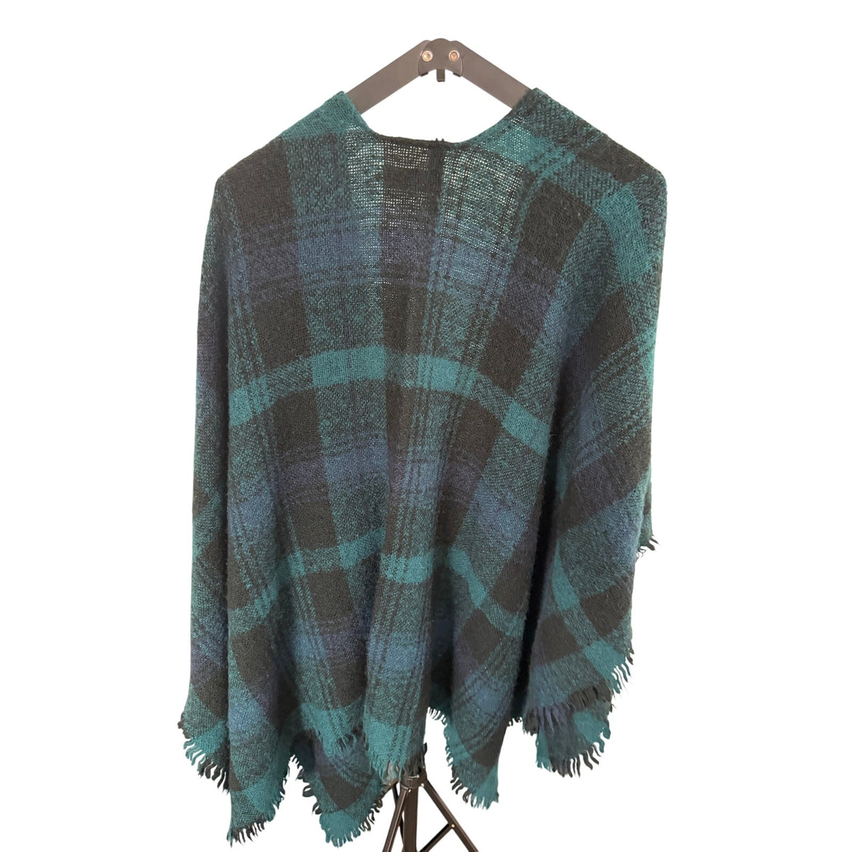 LOFT Outlet Teal Navy Plaid Open Front Ruana Poncho Wrap Fringe One Size