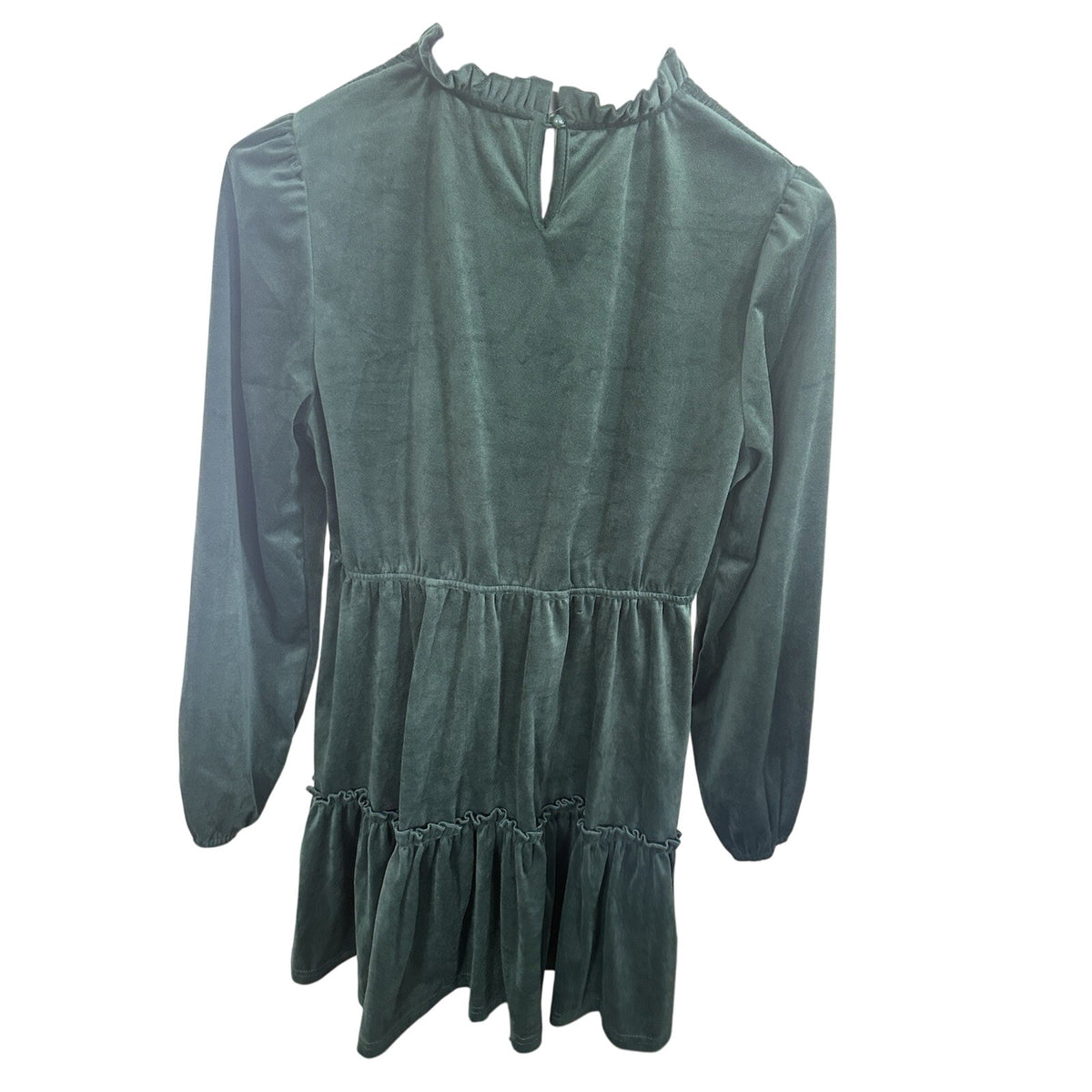 Green Solid Velvet High Neck Puff Long Sleeve Ruffle A-Line Short Dress S