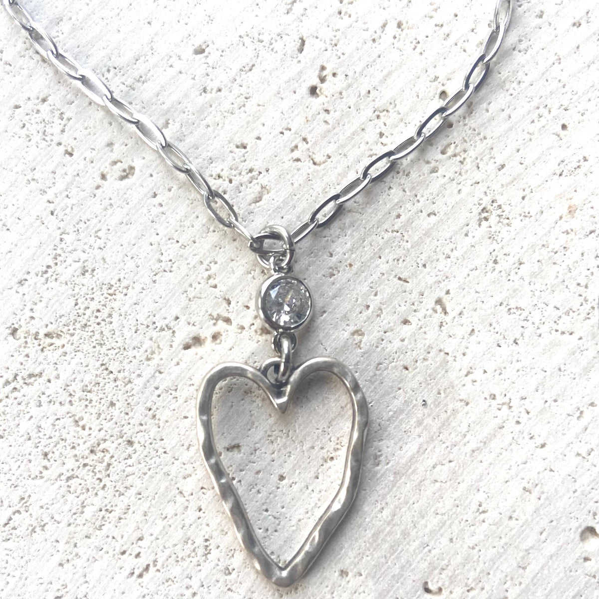 The Audrey | Silver Hammered Heart & Crystal Necklace