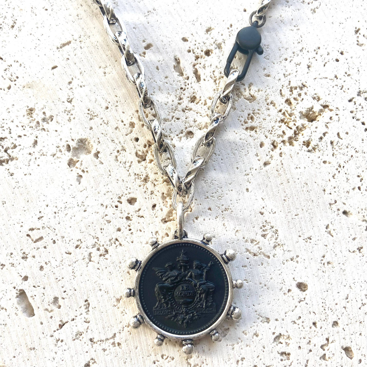 The Meredith | Matte Black Coin & Burnished Silver Chain Necklace