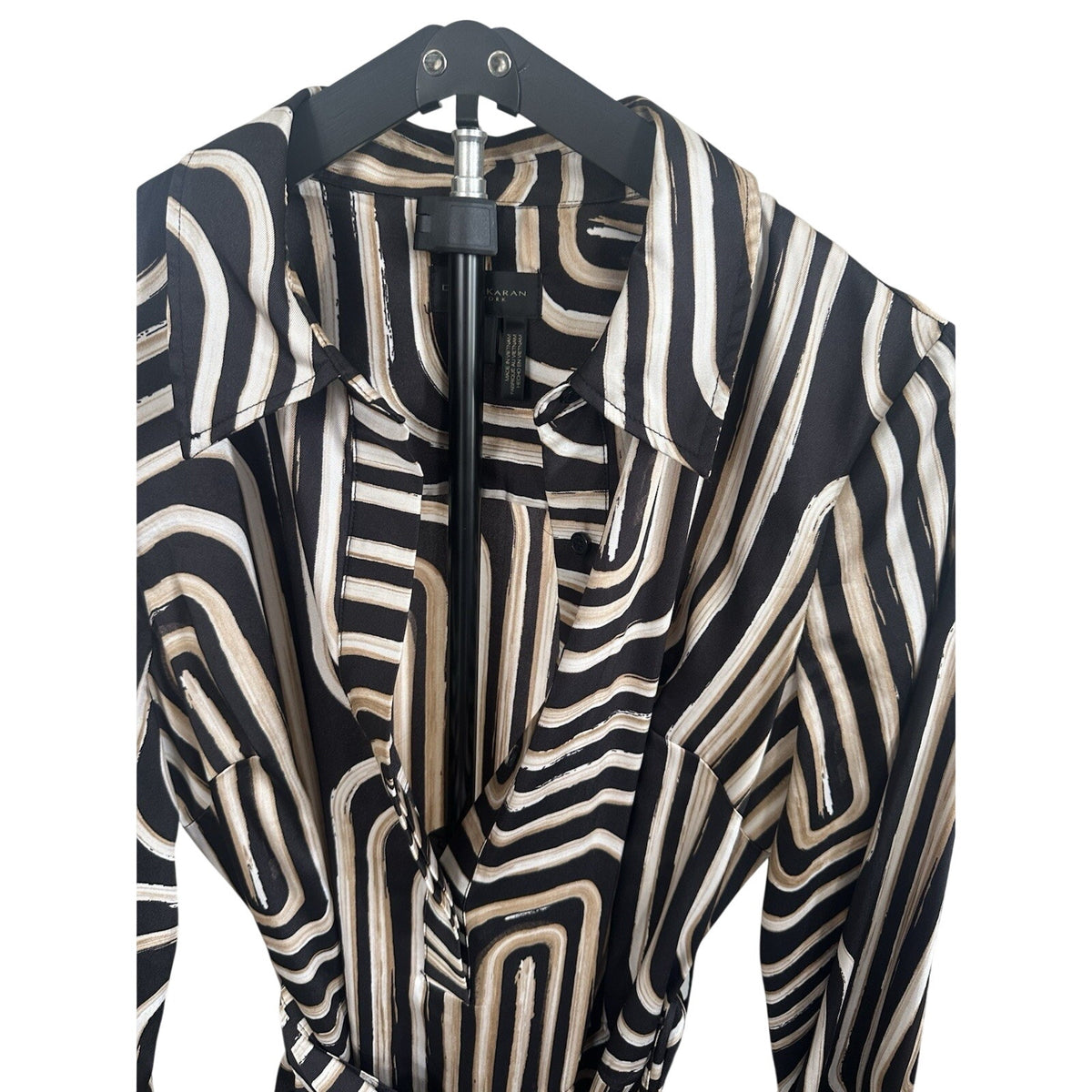 Donna Karan New York 8 Black/Beige Geometric Belted Long Sleeve Shirt Midi