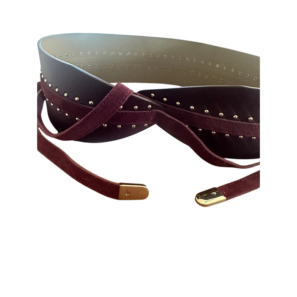 White House Black Market Burgundy Studded Tie Waist Belt Gold Hardware