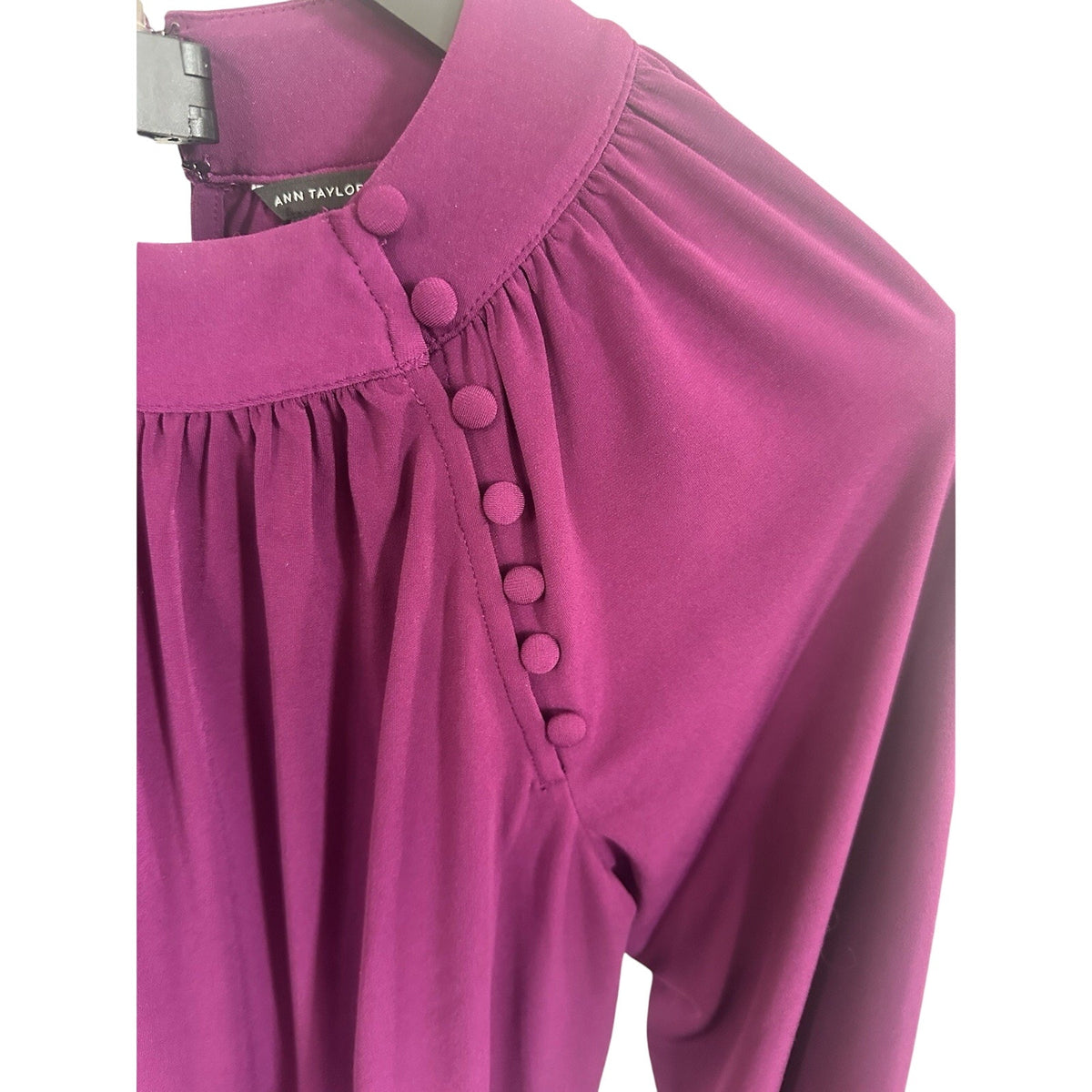 Ann Taylor Long Sleeve Solid Purple Blouse Button Accent SP Petites