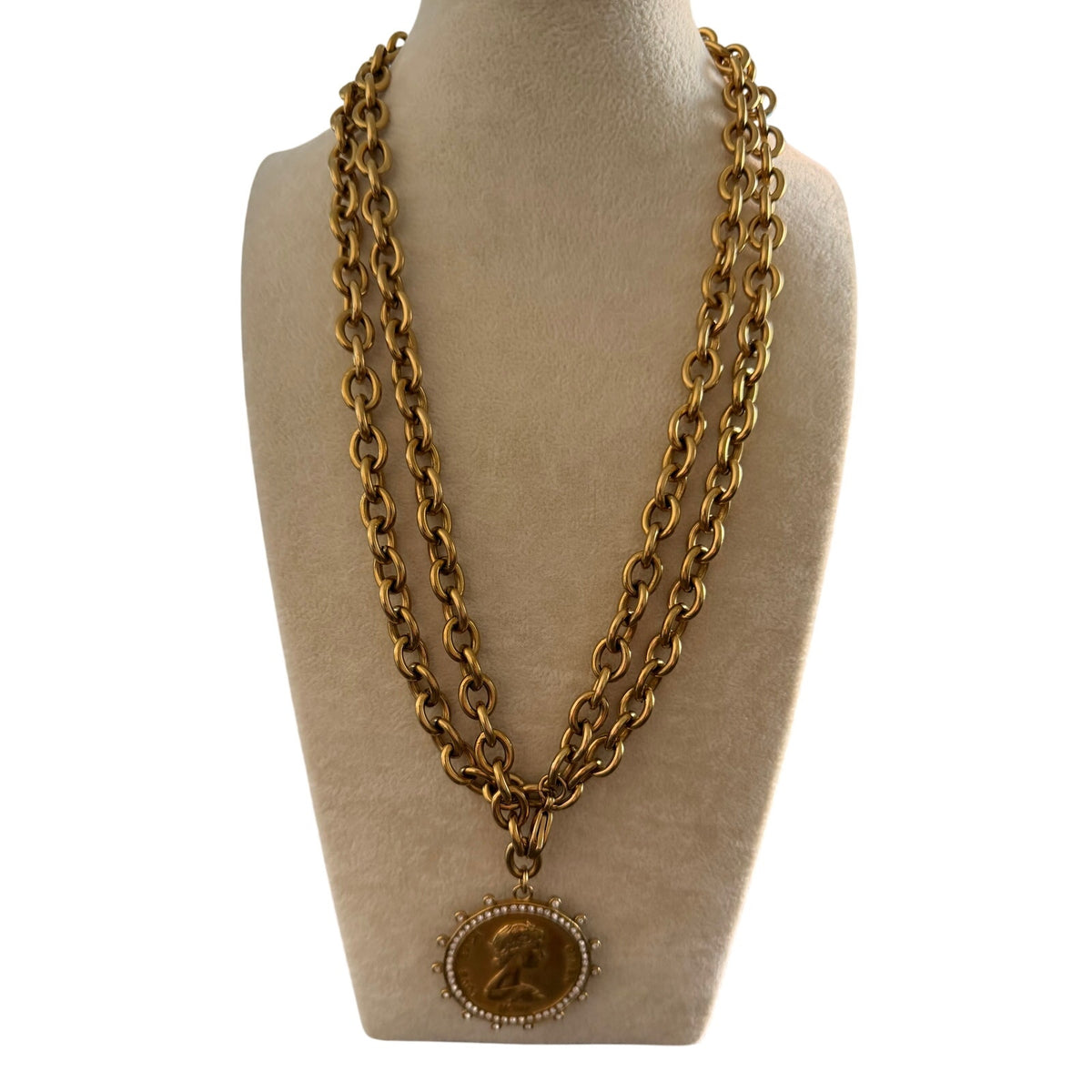 Gold-Tone Double Chain Coin Medallion Necklace with Crystal Detail 38"