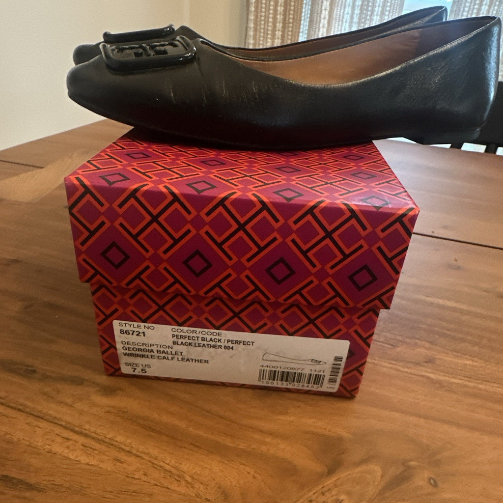 Tory Burch Black Leather Ballet Flats Logo Square Toe Slip-On Women’s 7.5 M