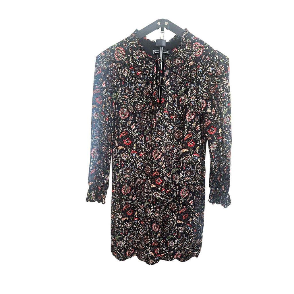 Jessica Howard Petite 8P Black Floral V-Neck Long Sleeve Tie Ruffle Mini Dress