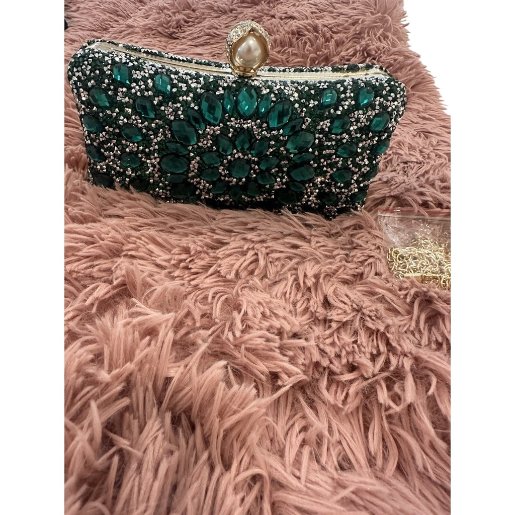 Green Floral Crystal Rhinestone Clutch w/ Detachable Gold Chain Crossbody Strap