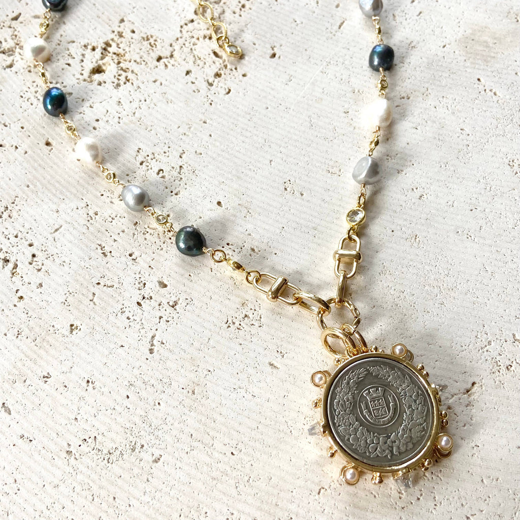 The Vivienne Denim Pearl Crest Necklace