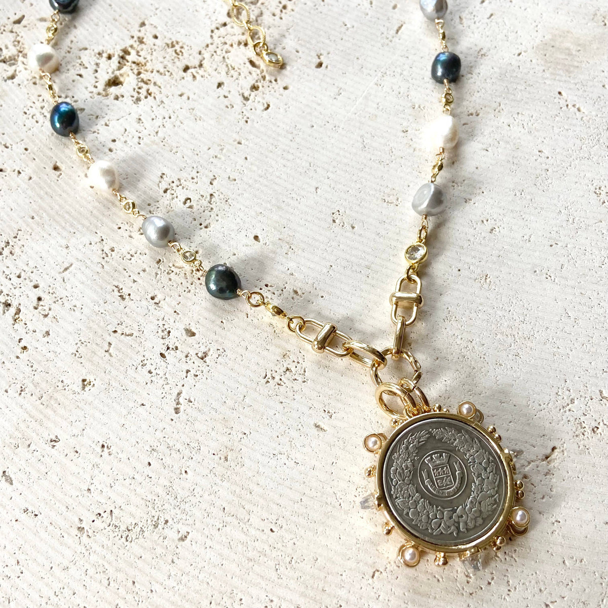 The Vivienne Denim Pearl Crest Necklace