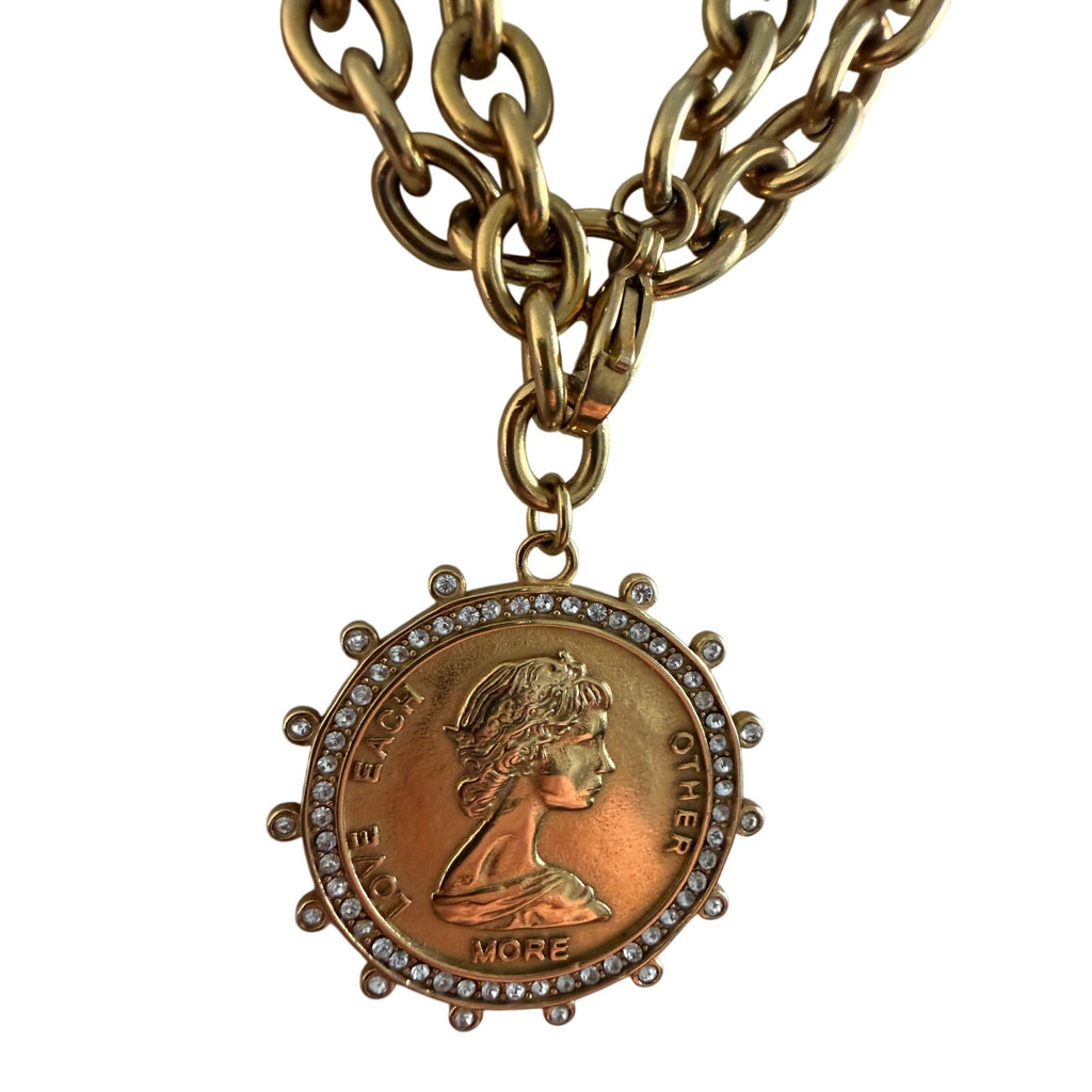 Gold-Tone Double Chain Coin Medallion Necklace with Crystal Detail 38"