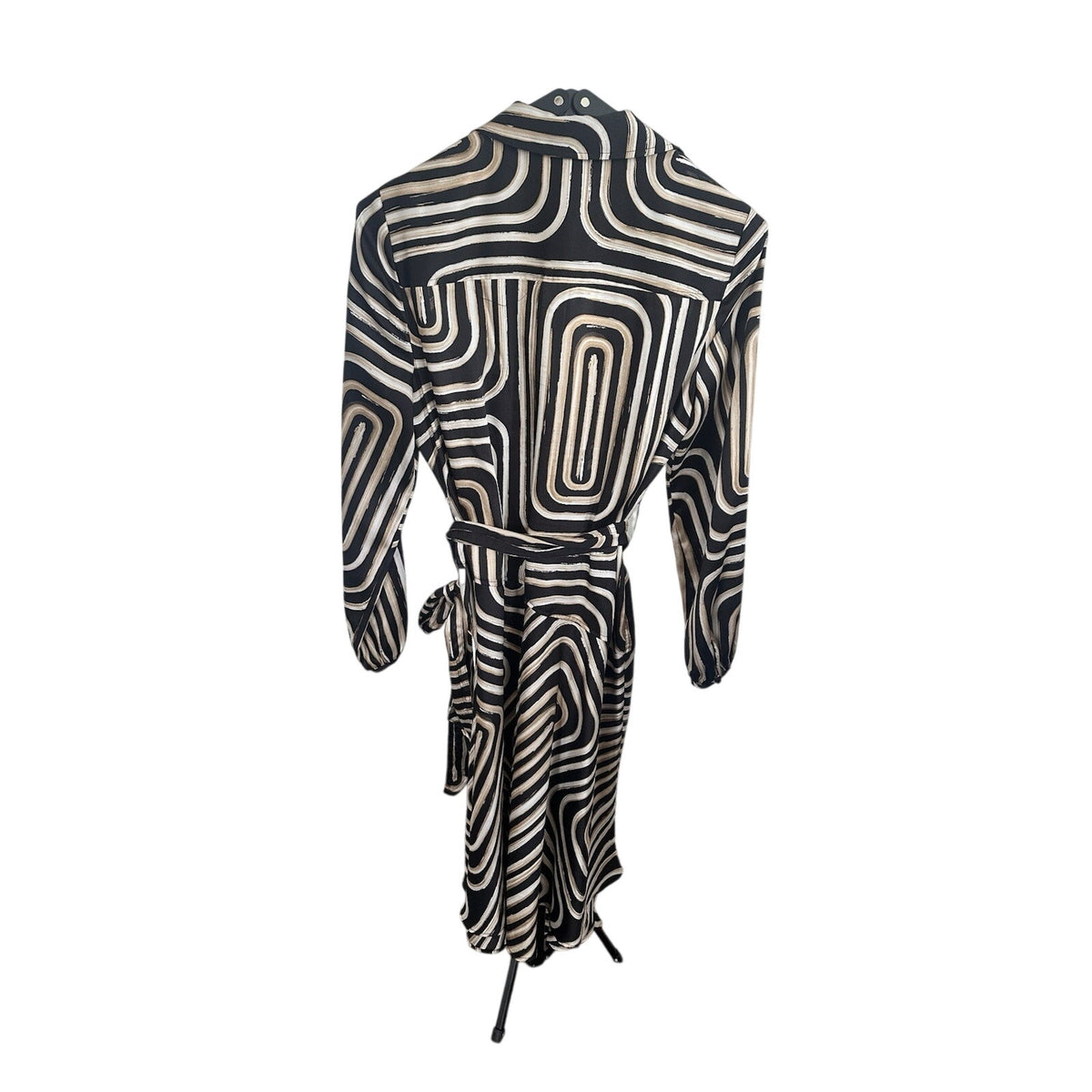 Donna Karan New York 8 Black/Beige Geometric Belted Long Sleeve Shirt Midi