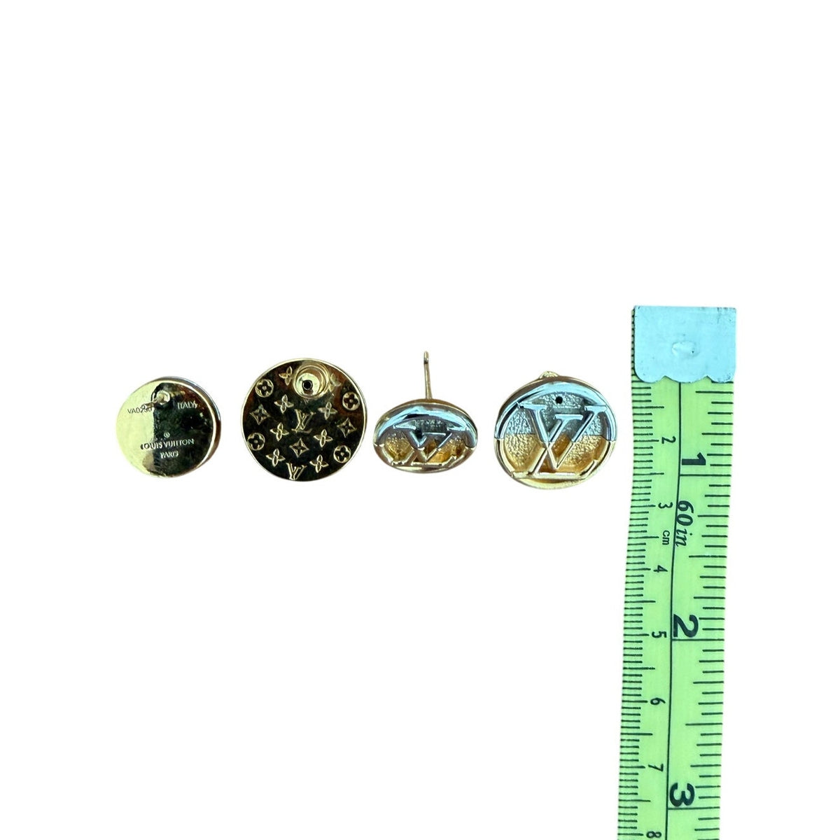 Louis Vuitton Two-Tone LV Logo Round Stud Earrings Gold Silver w/ Box Pouch