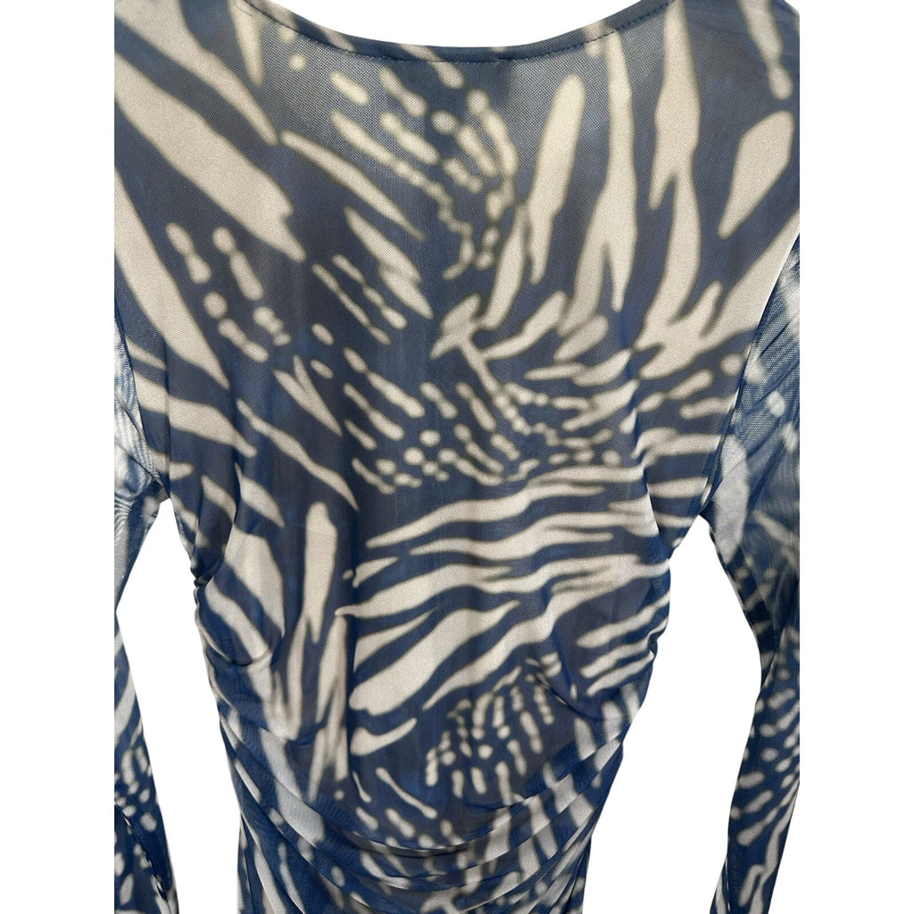 FIFTEEN TWENTY Blue/White Abstract Ruched Round Neck Long Sleeve Midi Dress M