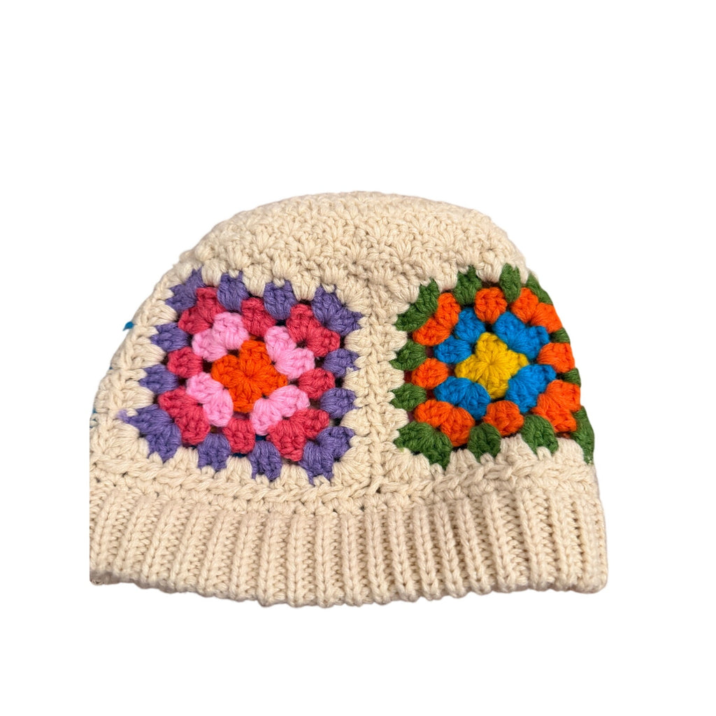C.C Cream Multicolor Granny Square Crochet Knit Beanie Hat Boho