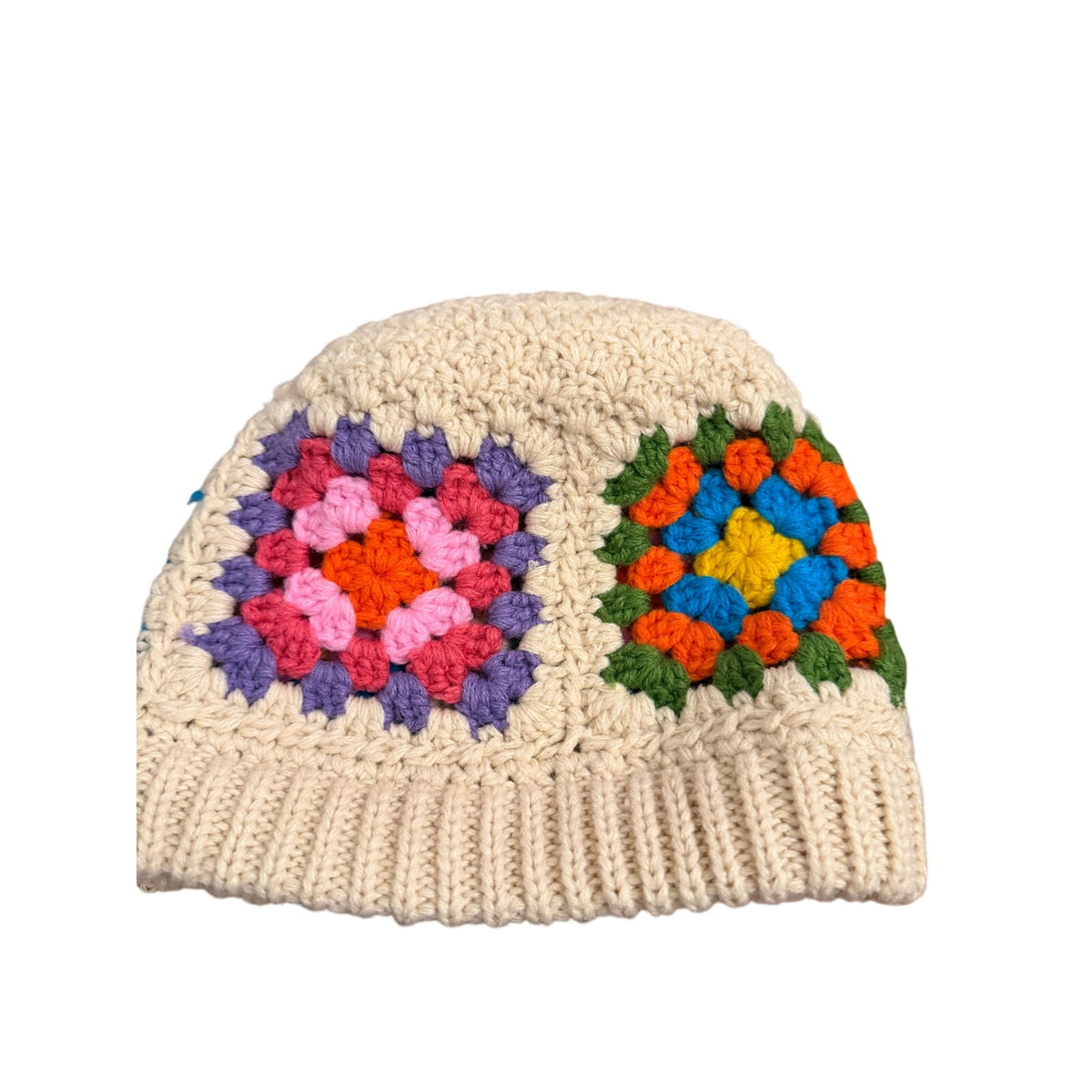 C.C Cream Multicolor Granny Square Crochet Knit Beanie Hat Boho