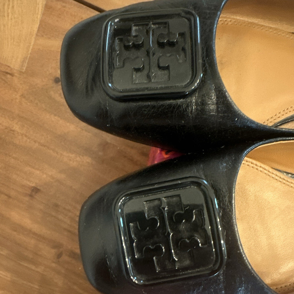 Tory Burch Black Leather Ballet Flats Logo Square Toe Slip-On Women’s 7.5 M