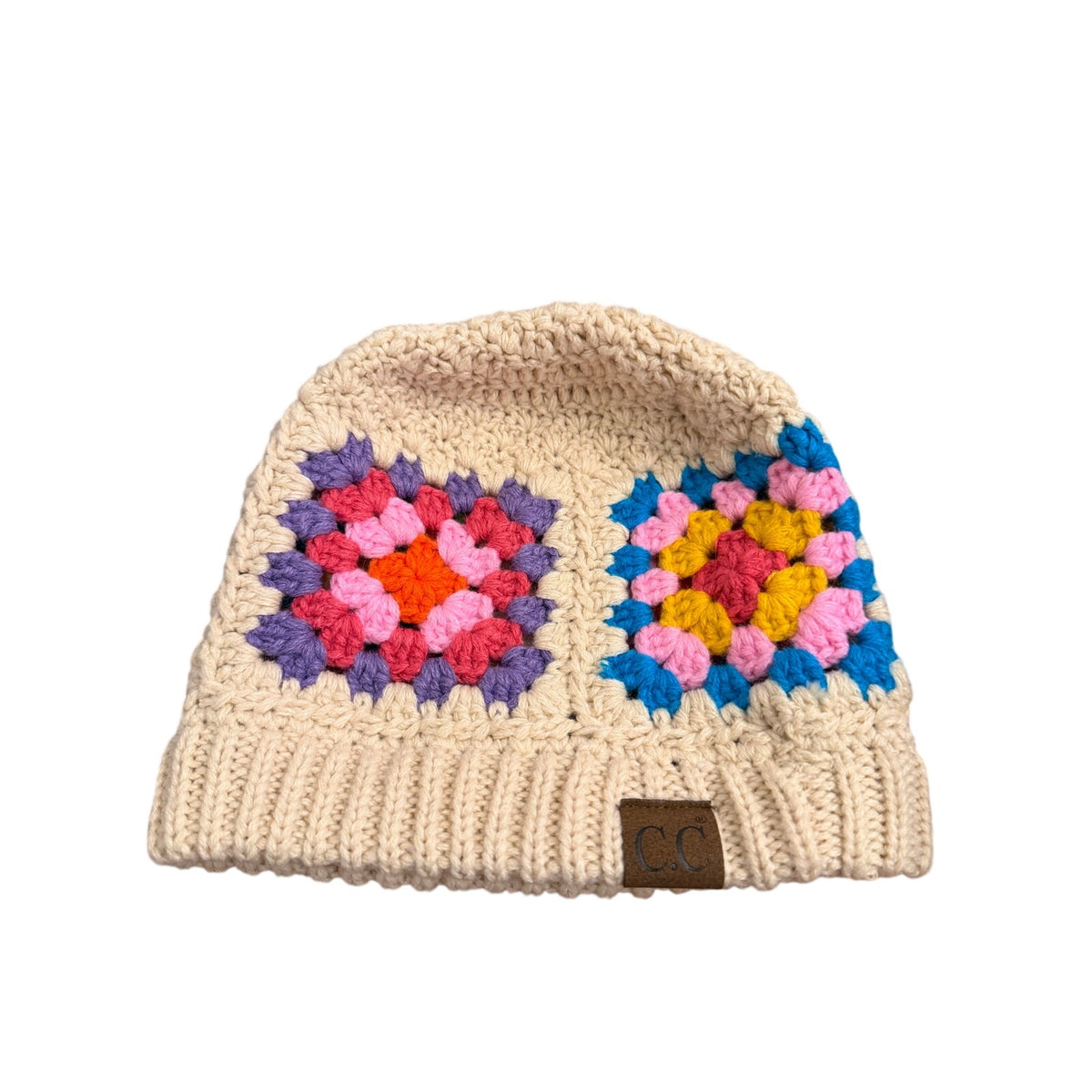 C.C Cream Multicolor Granny Square Crochet Knit Beanie Hat Boho