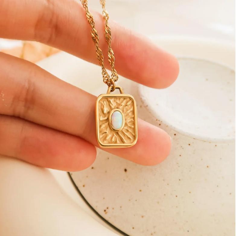 The Tessa Necklace – 18K Gold Non-Tarnish Rectangle Stone Sun Pendant Necklace