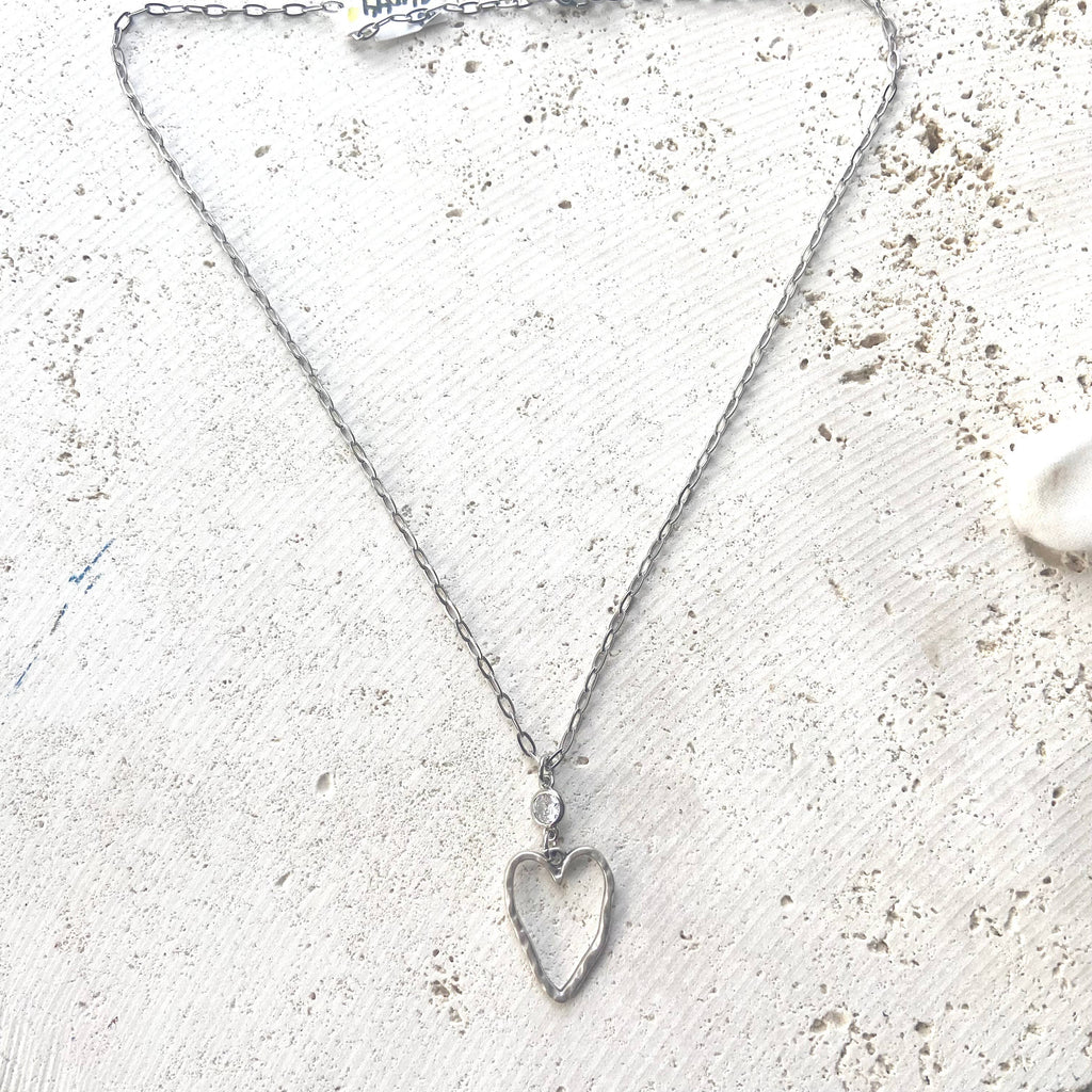 The Audrey | Silver Hammered Heart & Crystal Necklace