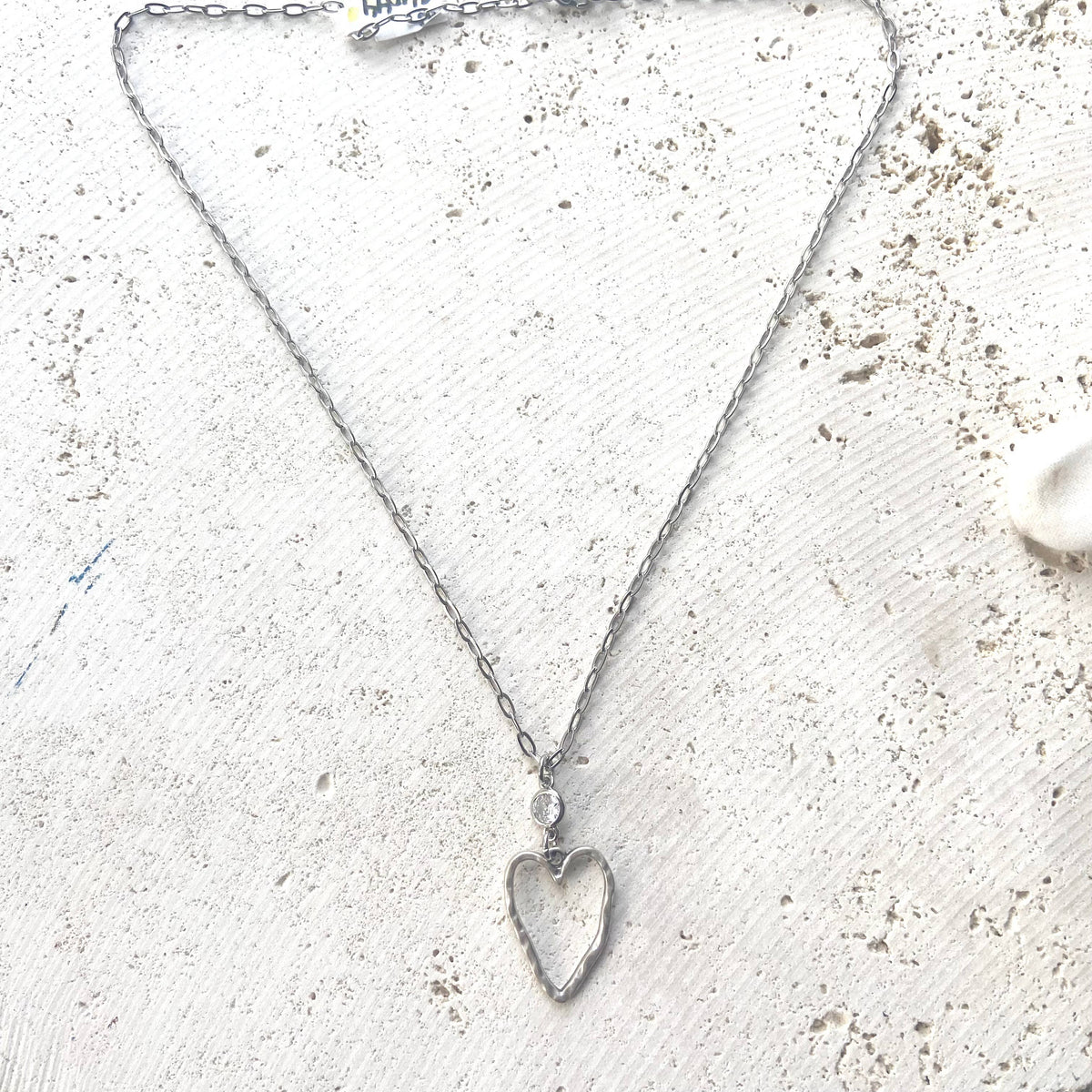 The Audrey | Silver Hammered Heart & Crystal Necklace