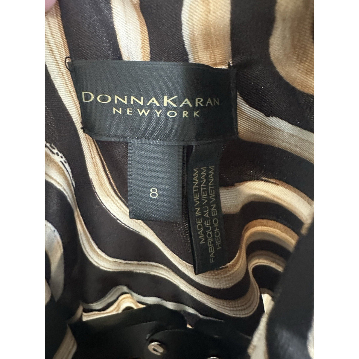 Donna Karan New York 8 Black/Beige Geometric Belted Long Sleeve Shirt Midi