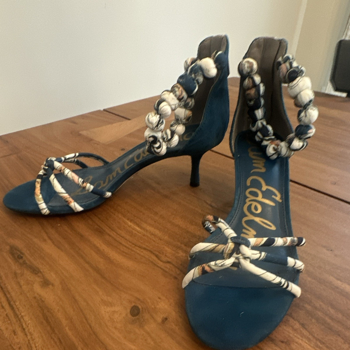 Sam Edelman Women's Blue White Suede Strappy Bow Ankle Strap Zip Sandals 6.5