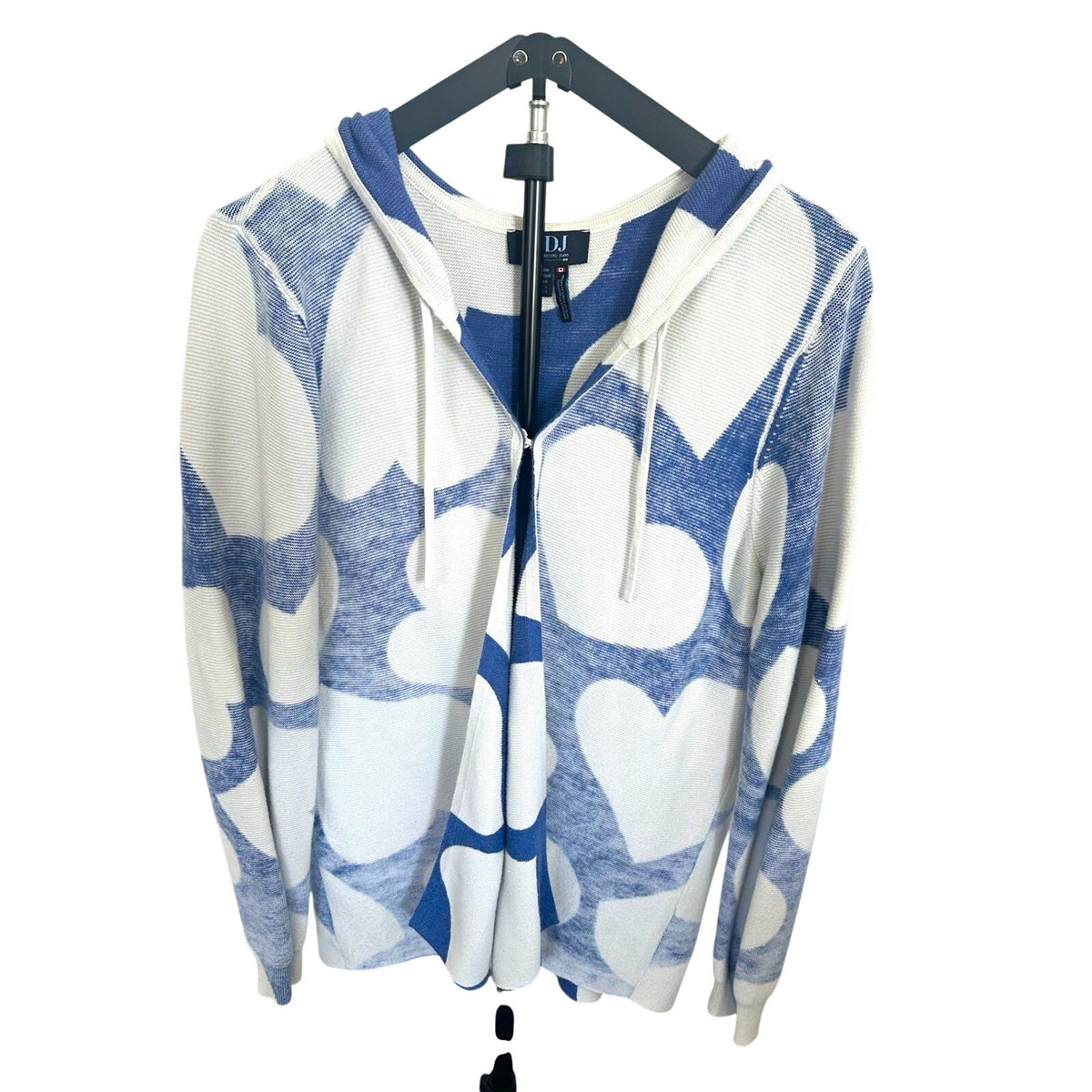 FDJ French Dressing Jeans Women’s Blue/White Heart Full Zip Hoodie Knit L
