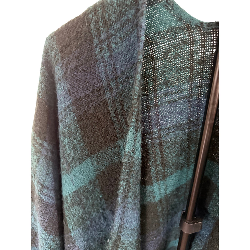 LOFT Outlet Teal Navy Plaid Open Front Ruana Poncho Wrap Fringe One Size