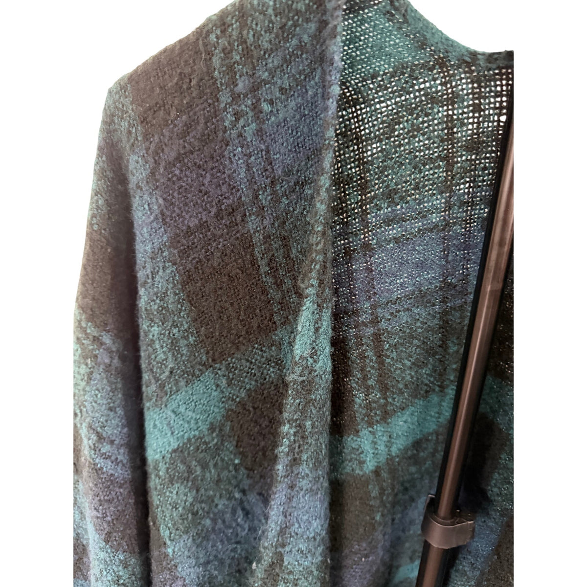 LOFT Outlet Teal Navy Plaid Open Front Ruana Poncho Wrap Fringe One Size