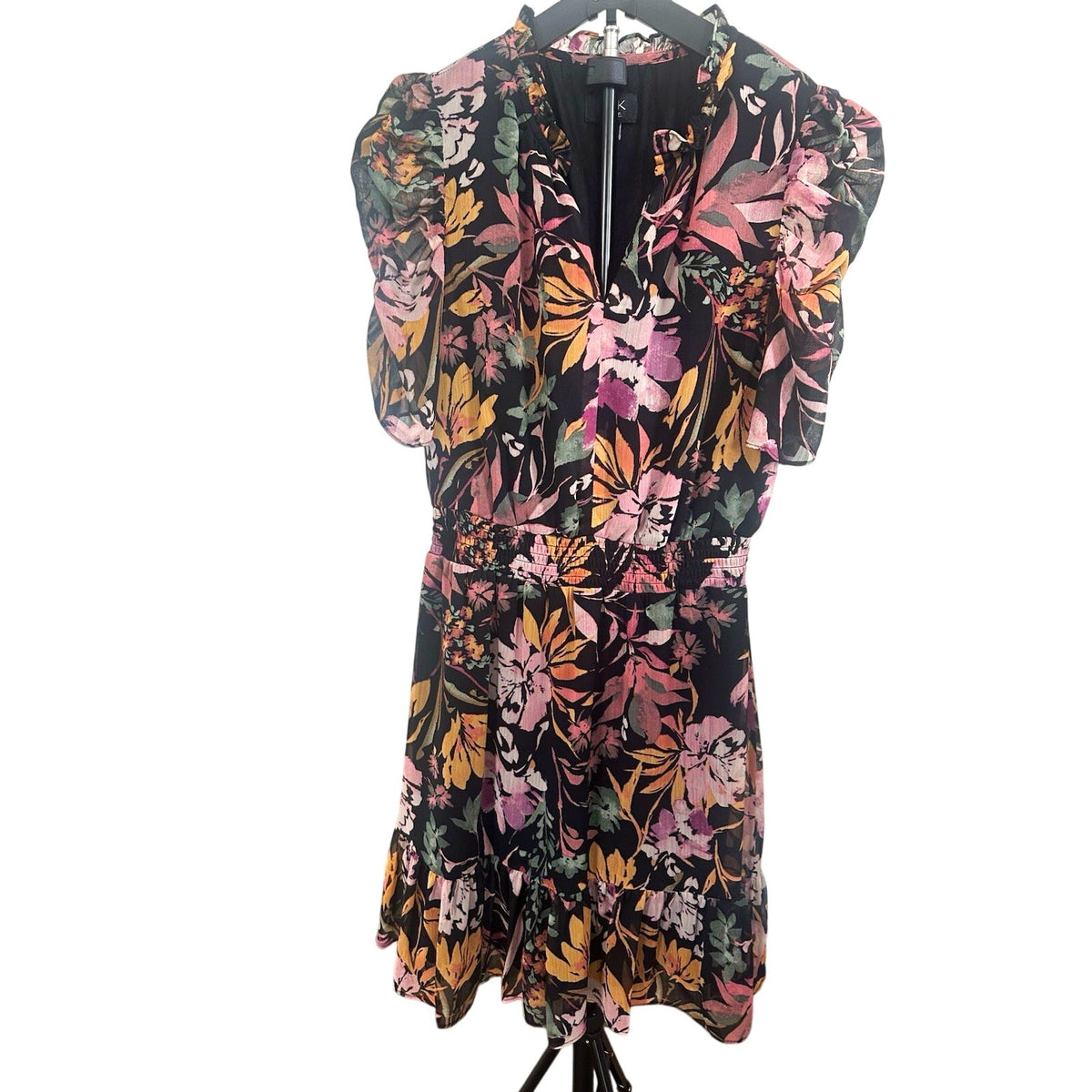 MSK Petite PM Petites Floral V-Neck Puff Short Sleeve Midi Dress Black
