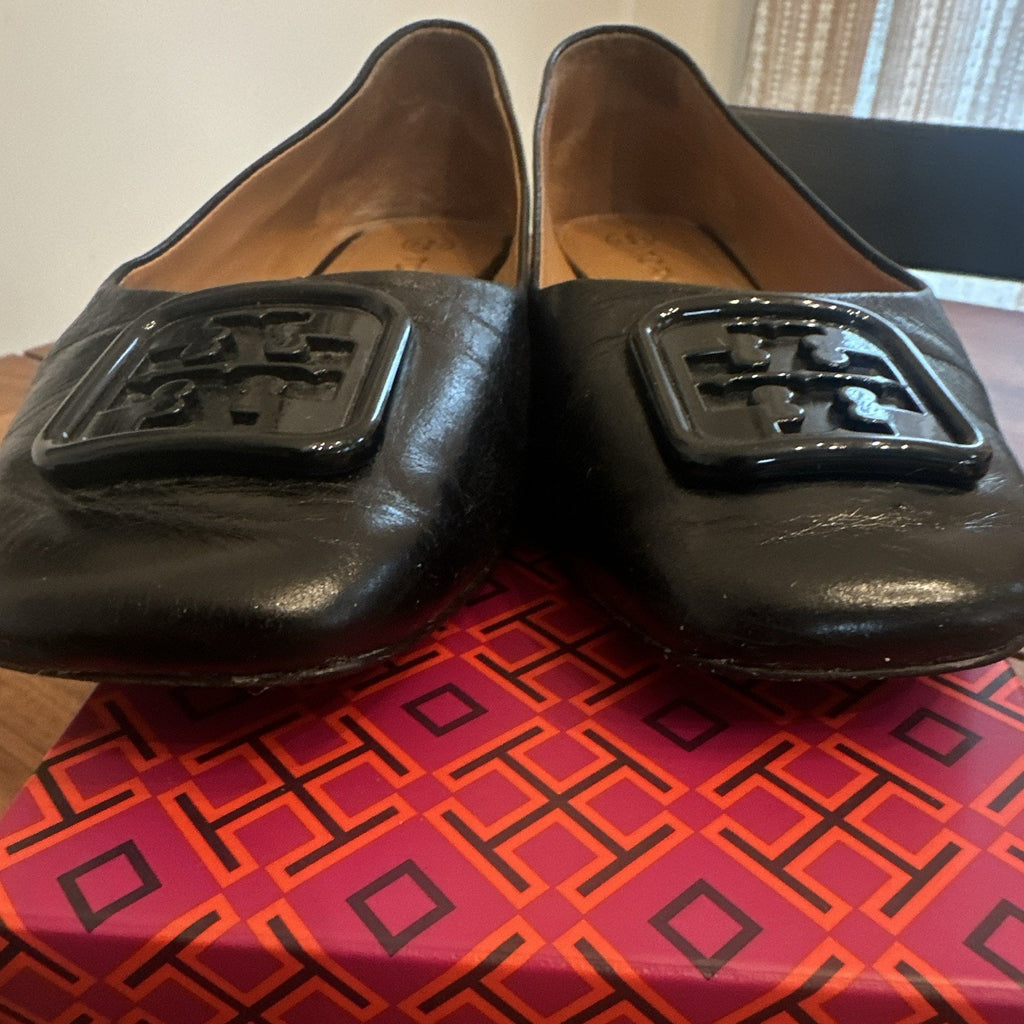 Tory Burch Black Leather Ballet Flats Logo Square Toe Slip-On Women’s 7.5 M
