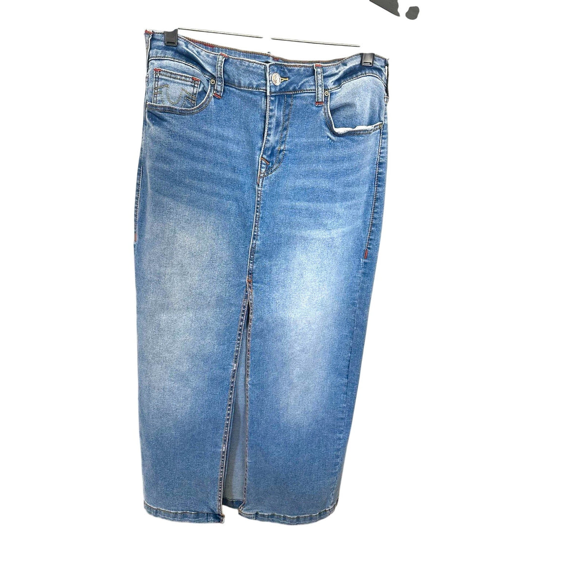 True Religion Denim Maxi Skirt Womens 29 Blue Jean Front Slit Y2K Horseshoe