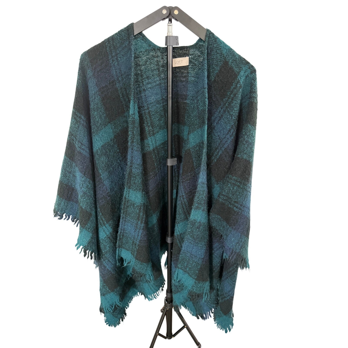 LOFT Outlet Teal Navy Plaid Open Front Ruana Poncho Wrap Fringe One Size